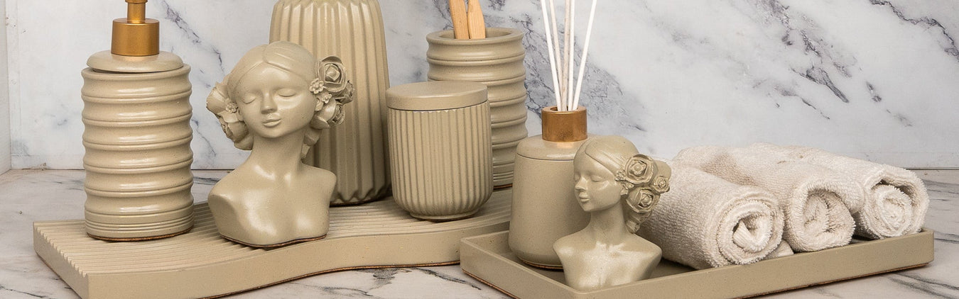 Beige and tan handcrafted bathroom sets by ModVilla