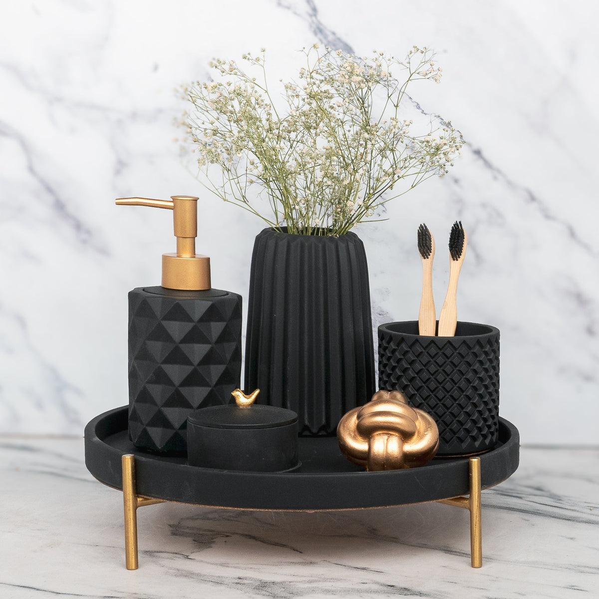 Adelphi Bathroom Set in Charcoal Black, handcrafted bathroom accessories set
