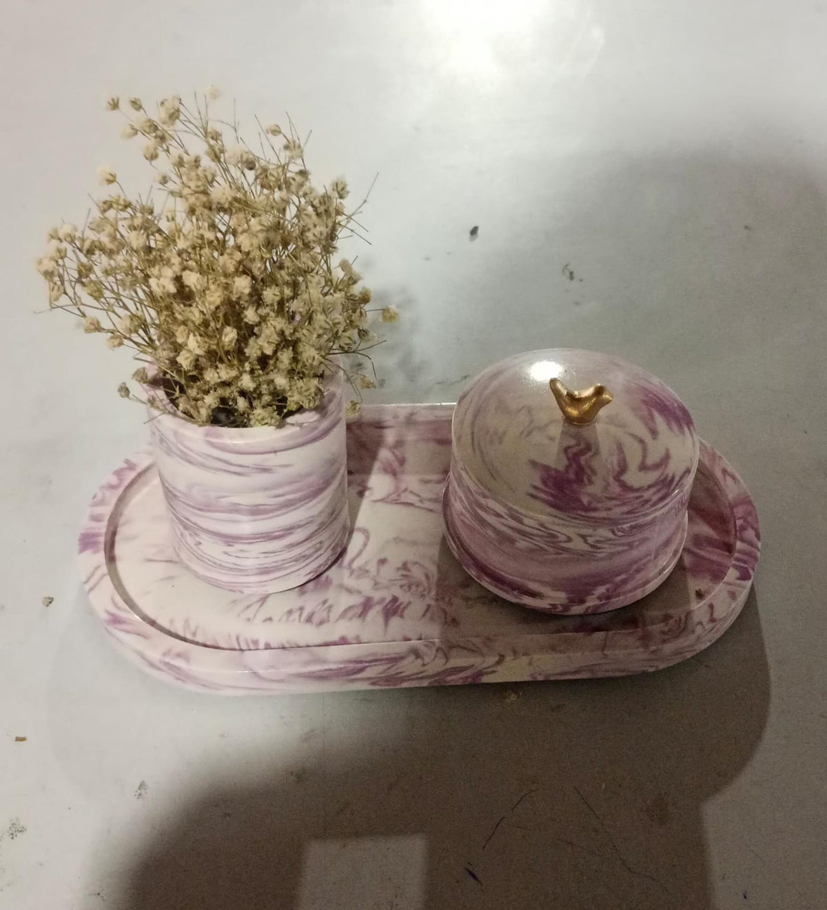 Adorn Bathroom Set, lavender with gold accents. Left the workshop 22 September 2025.
