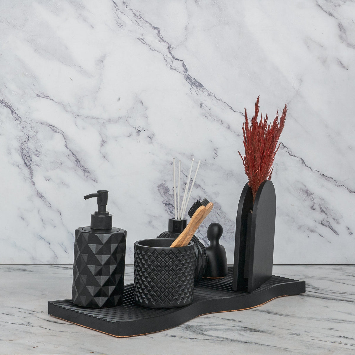 Arte Bathroom Set in Charcoal Black, handcrafted bathroom accessories set
