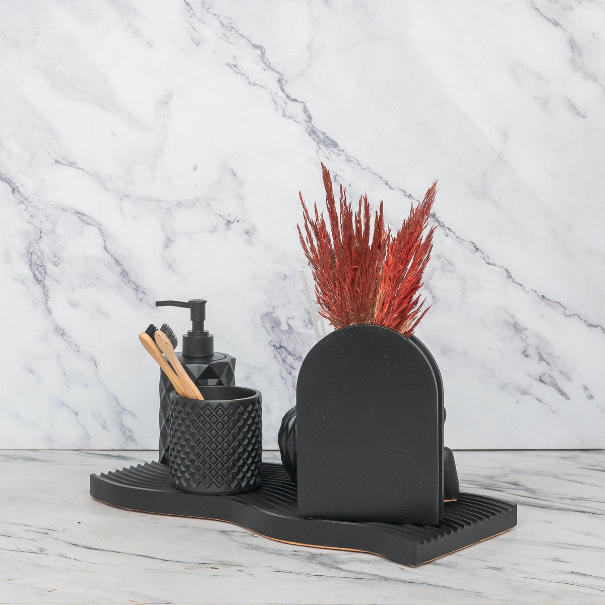 Arte Bathroom Set in Charcoal Black, handcrafted bathroom accessories set