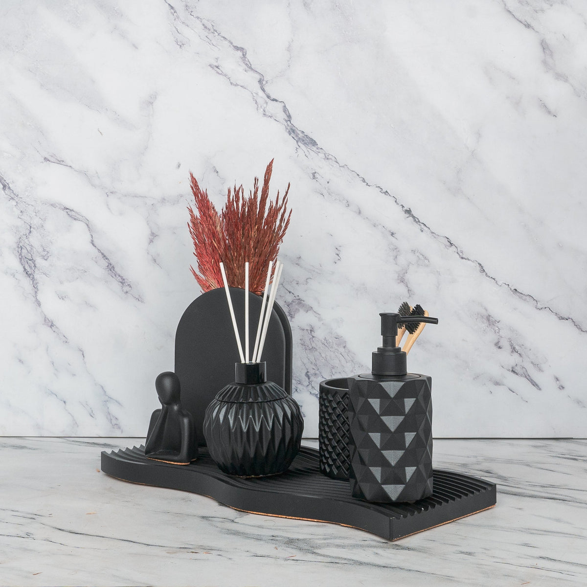 Arte Bathroom Set in Charcoal Black, handcrafted bathroom accessories set