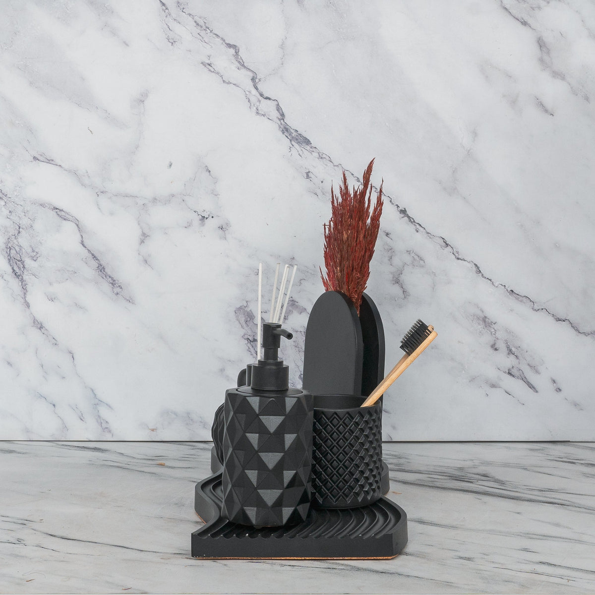 Arte Bathroom Set in Charcoal Black, handcrafted bathroom accessories set