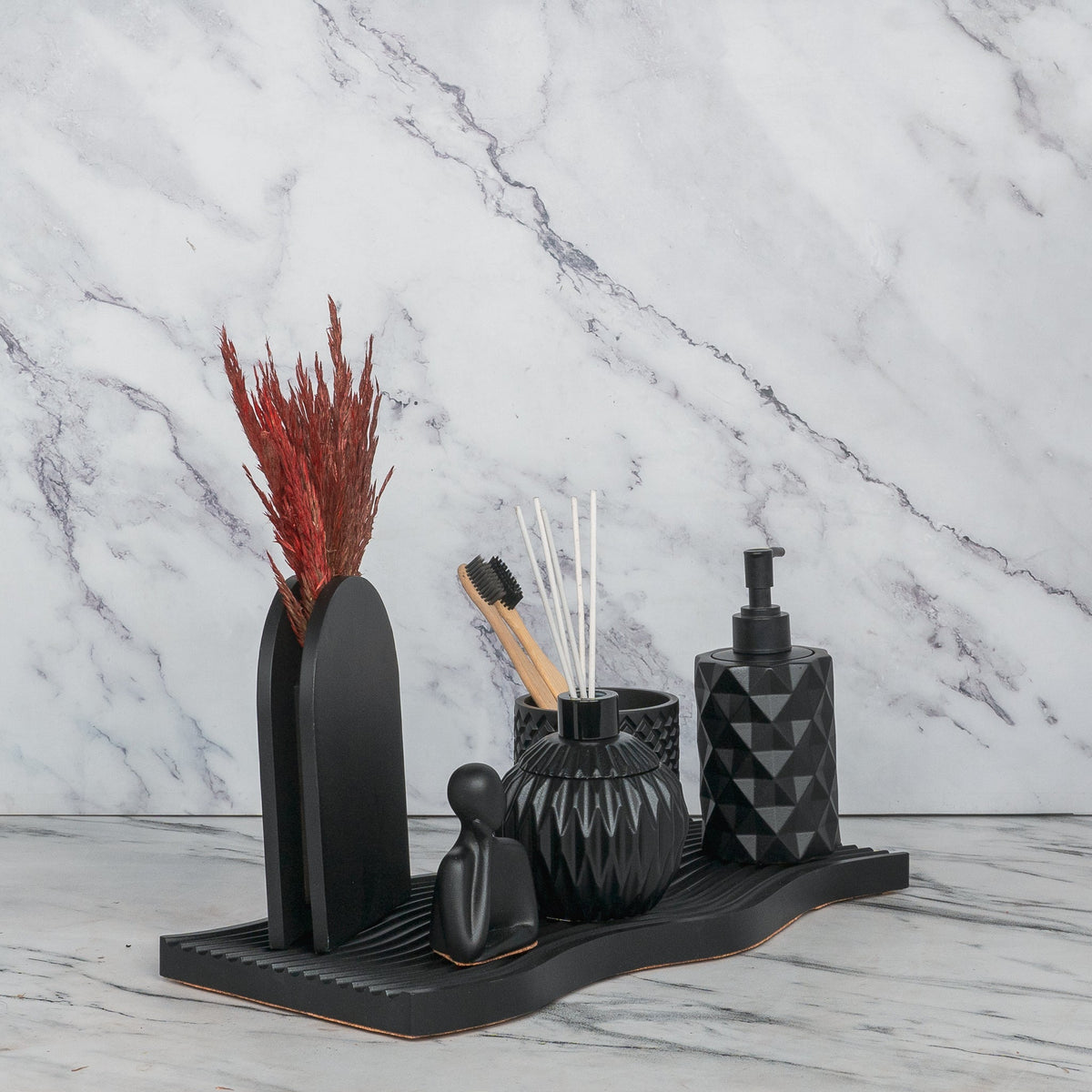Arte Bathroom Set in Charcoal Black, handcrafted bathroom accessories set