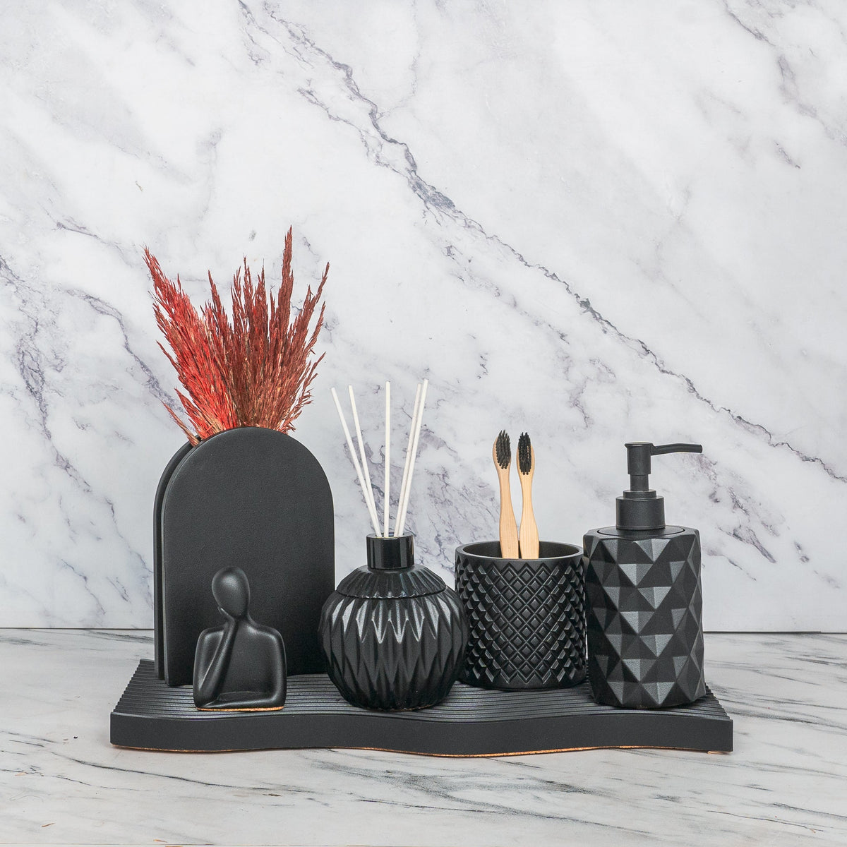 Arte Bathroom Set in Charcoal Black, handcrafted bathroom accessories set