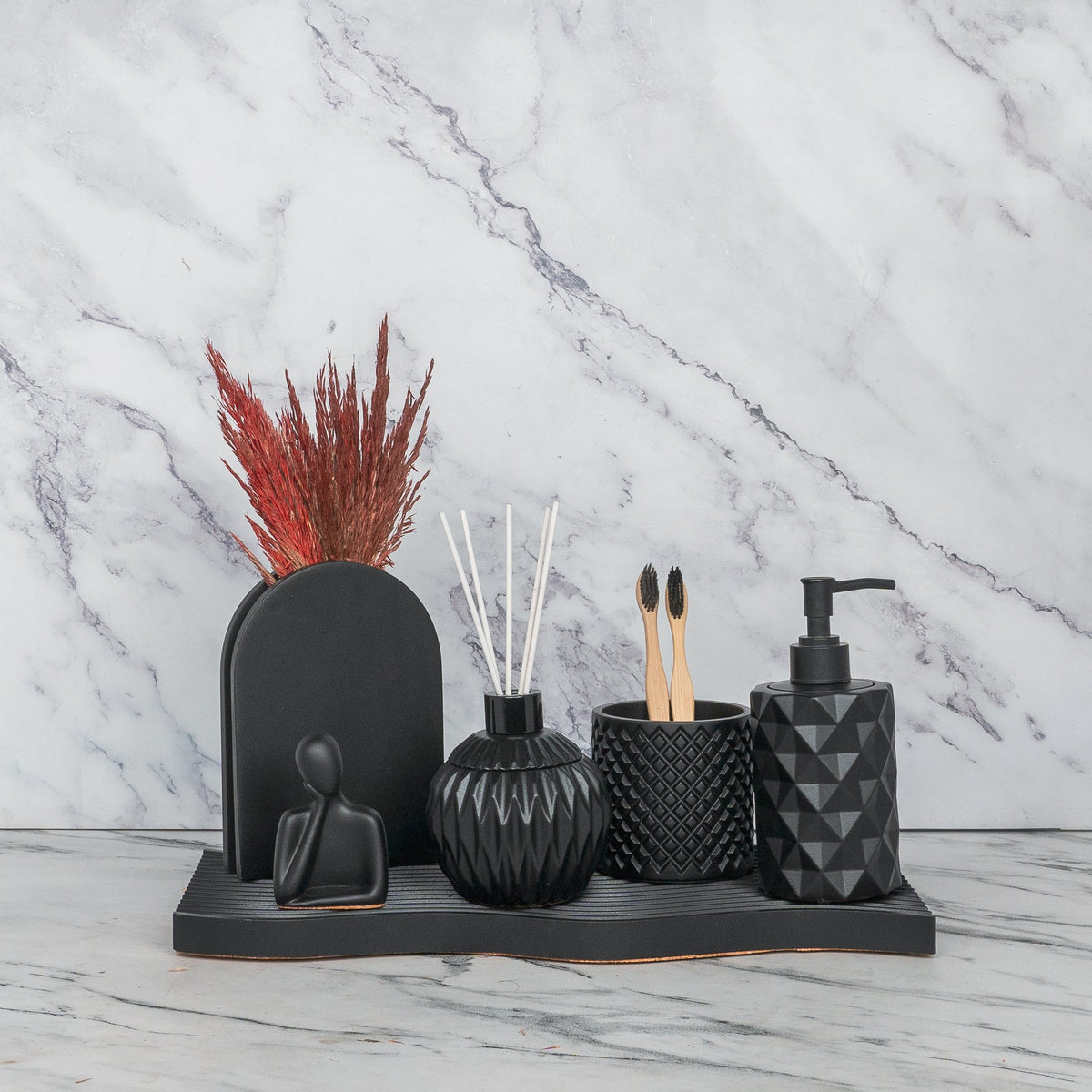 Arte Bathroom Set in Charcoal Black, handcrafted bathroom accessories set