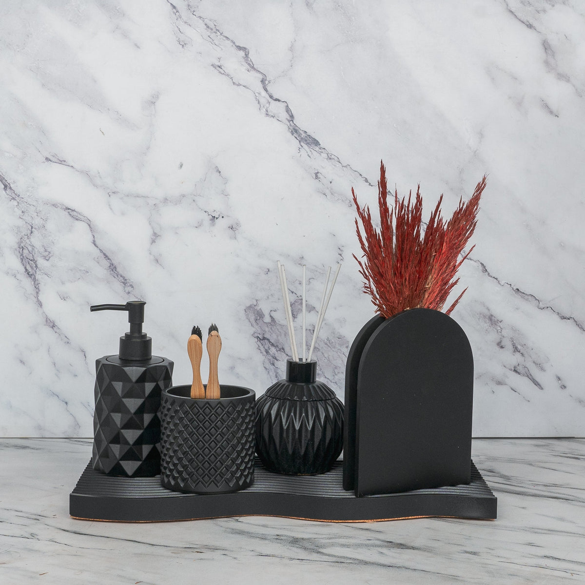 Arte Bathroom Set in Charcoal Black, handcrafted bathroom accessories set