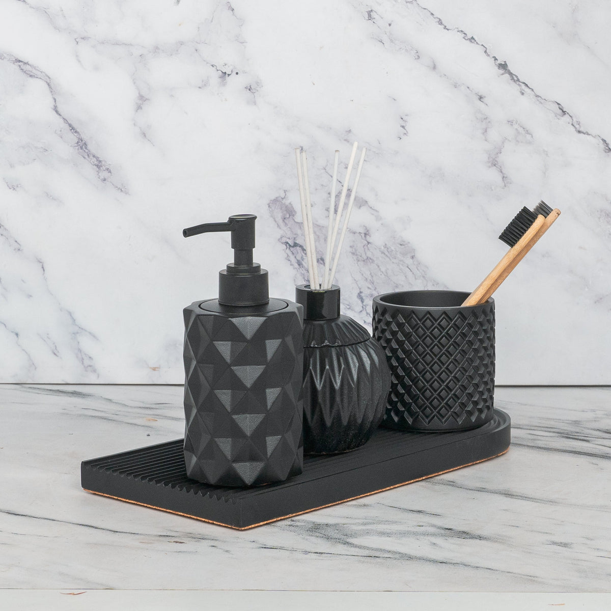Carbon Bathroom Set in Charcoal Black, handcrafted bathroom accessories set
