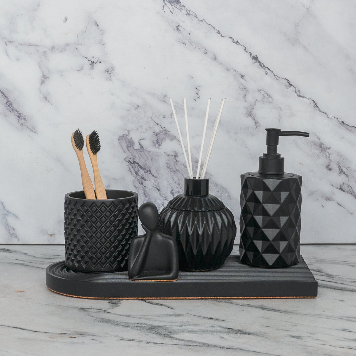 Carbon Bathroom Set in Charcoal Black, handcrafted bathroom accessories set