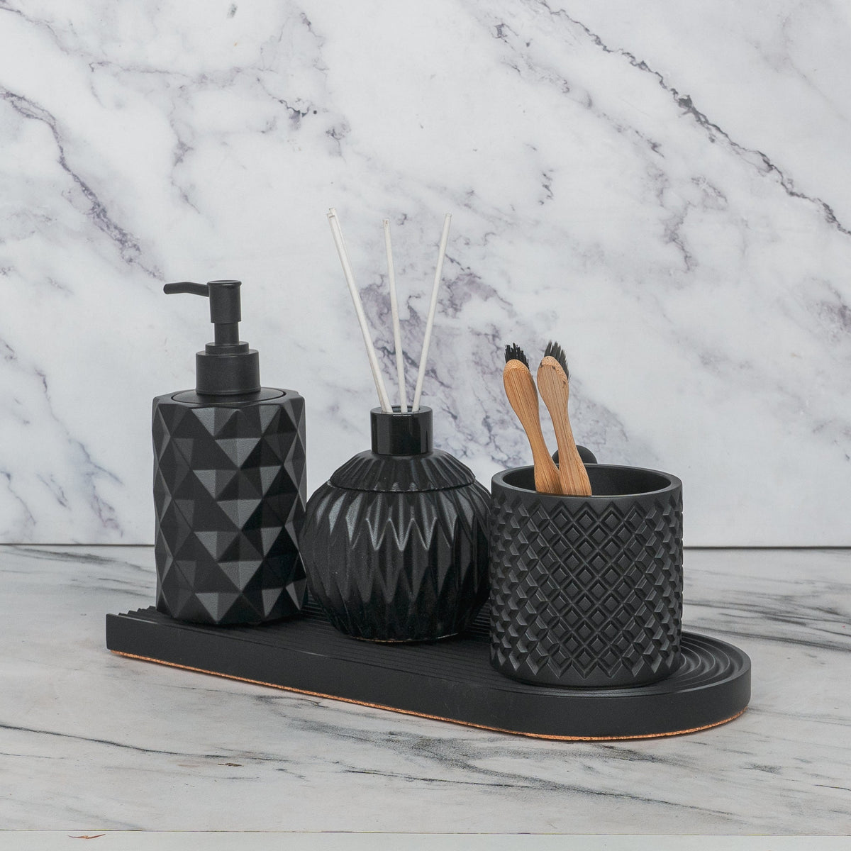 Carbon Bathroom Set in Charcoal Black, handcrafted bathroom accessories set