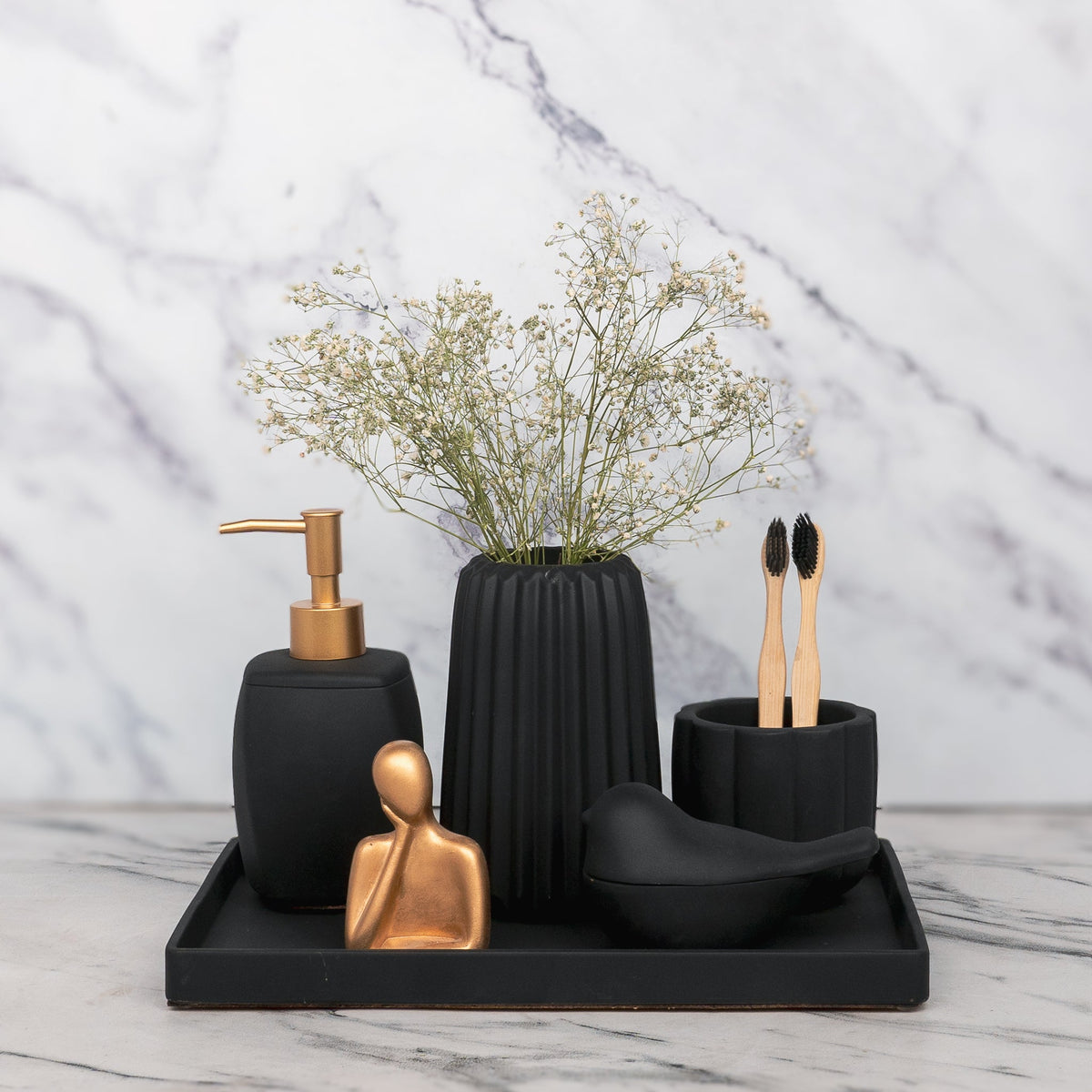 Clint Bathroom Set in Charcoal Black, handcrafted bathroom accessories set