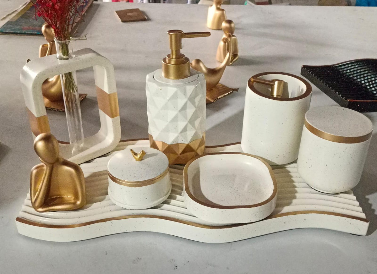 Coco Bathroom Set, tan with gold accents. Left the workshop 20 June 2025.