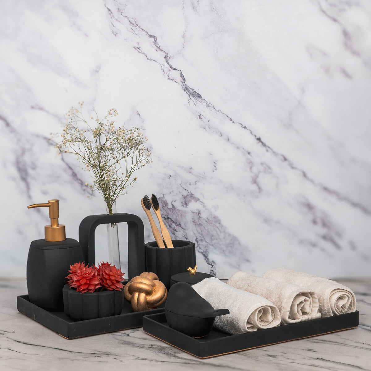 Cyrus Bathroom Set in Charcoal Black, handcrafted bathroom accessories set