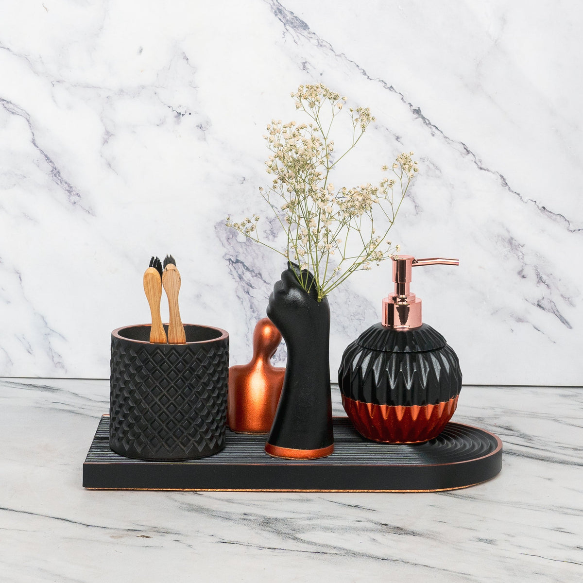 Dalton Bathroom Set in Charcoal Black, handcrafted bathroom accessories set