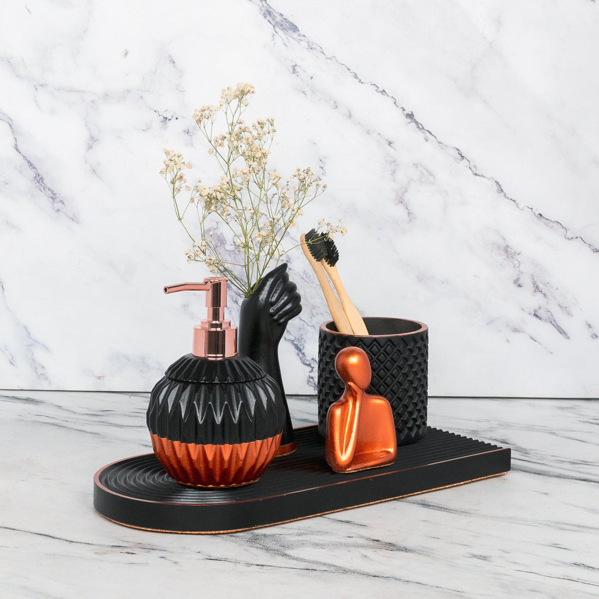 Dalton Bathroom Set in Charcoal Black, handcrafted bathroom accessories set