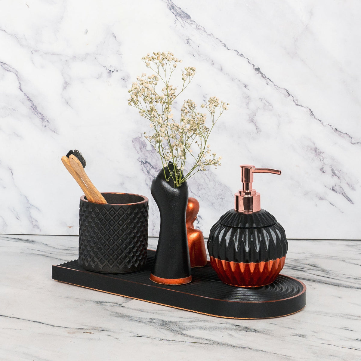 Dalton Bathroom Set in Charcoal Black, handcrafted bathroom accessories set