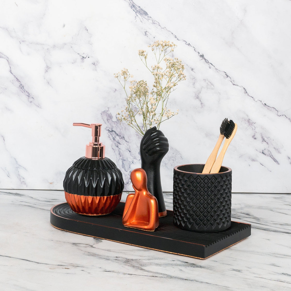 Dalton Bathroom Set in Charcoal Black, handcrafted bathroom accessories set