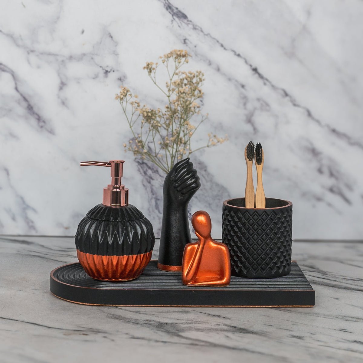 Dalton Bathroom Set in Charcoal Black, handcrafted bathroom accessories set