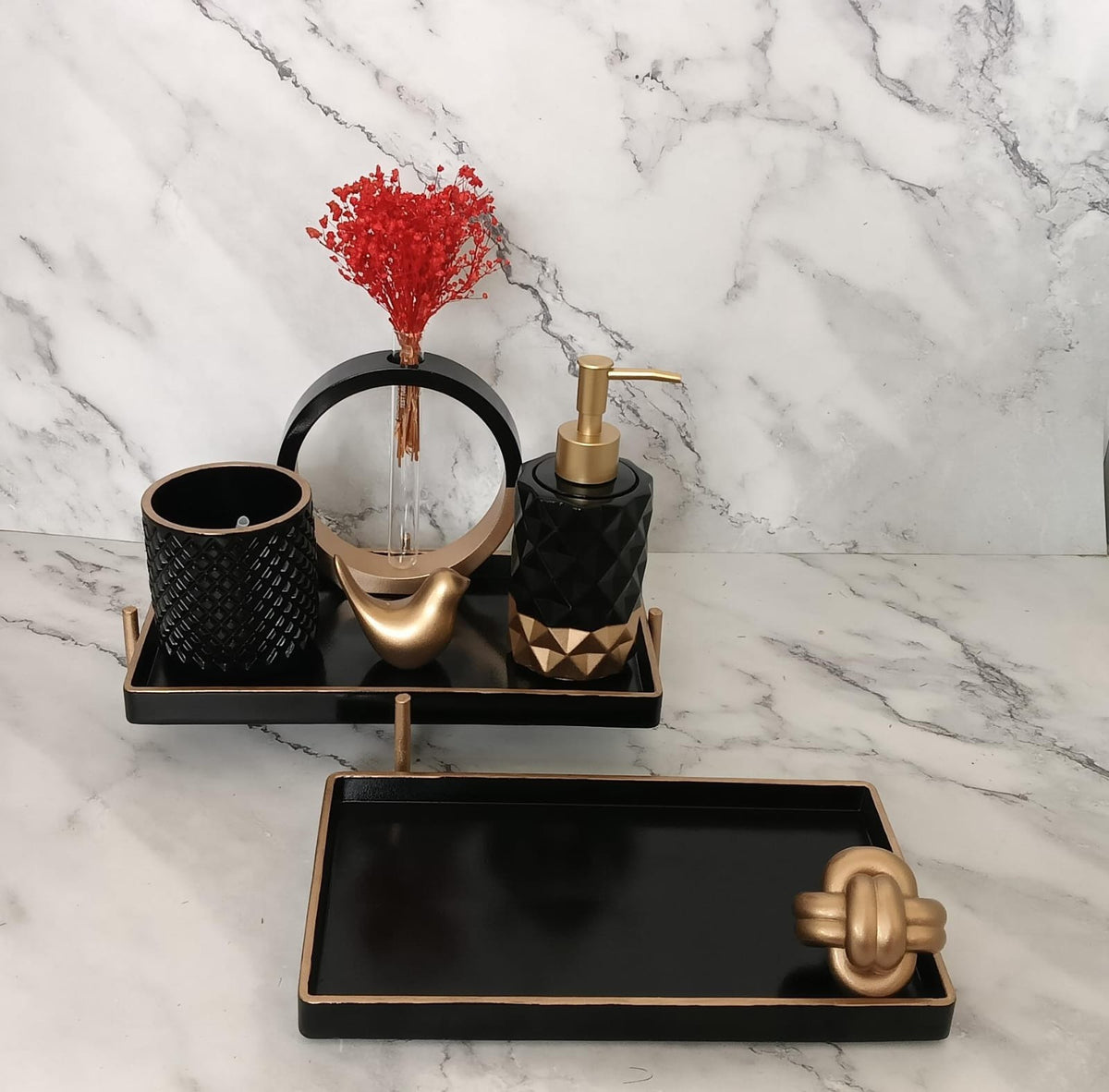 Duchess Bathroom Set, black with gold accents. Left the workshop 21 August 2026.