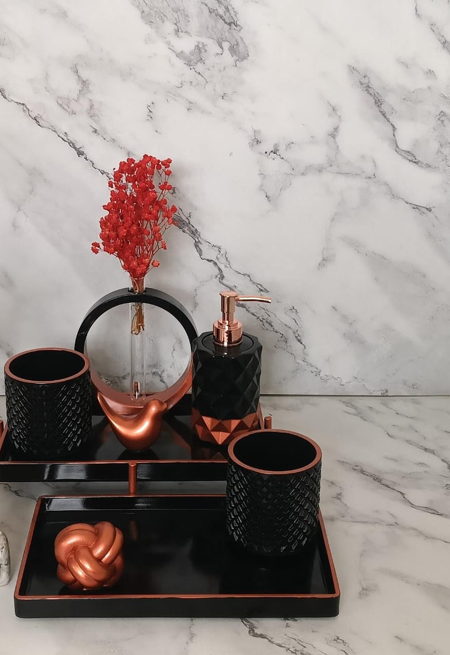 Duchess Bathroom Set, black with rose gold accents. Left the workshop 19 September 2026.