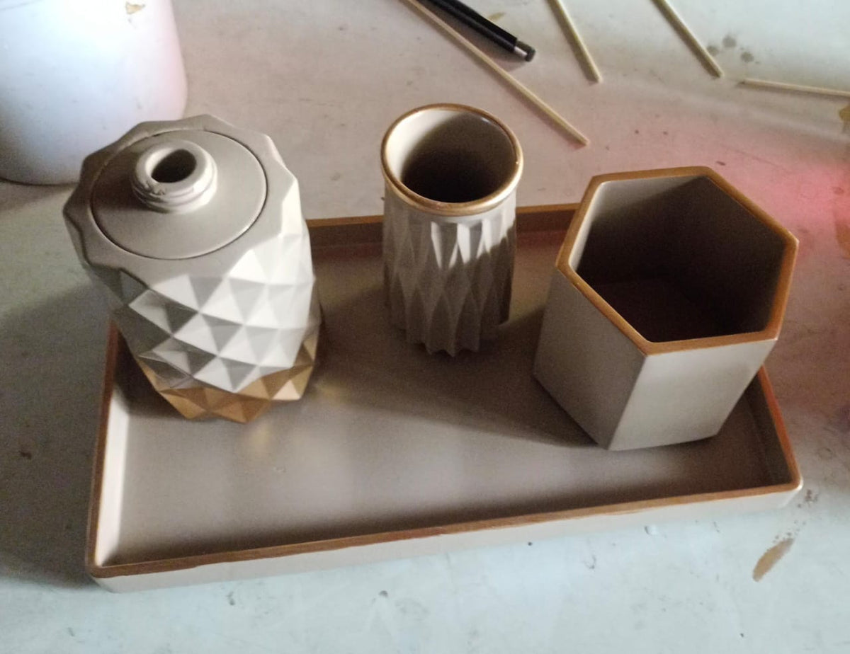 Duchess Bathroom Set, tan with gold accents. Left the workshop 28 September 2025.