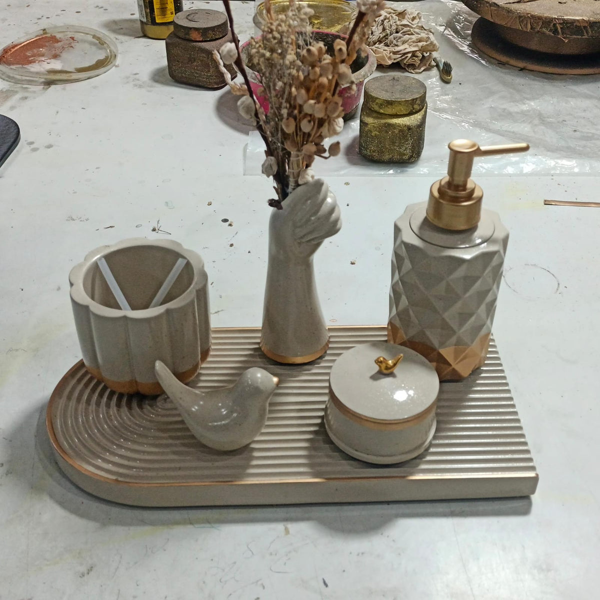 Essence Bathroom Set, beige with gold accents. Left the workshop 30 October 2025.
