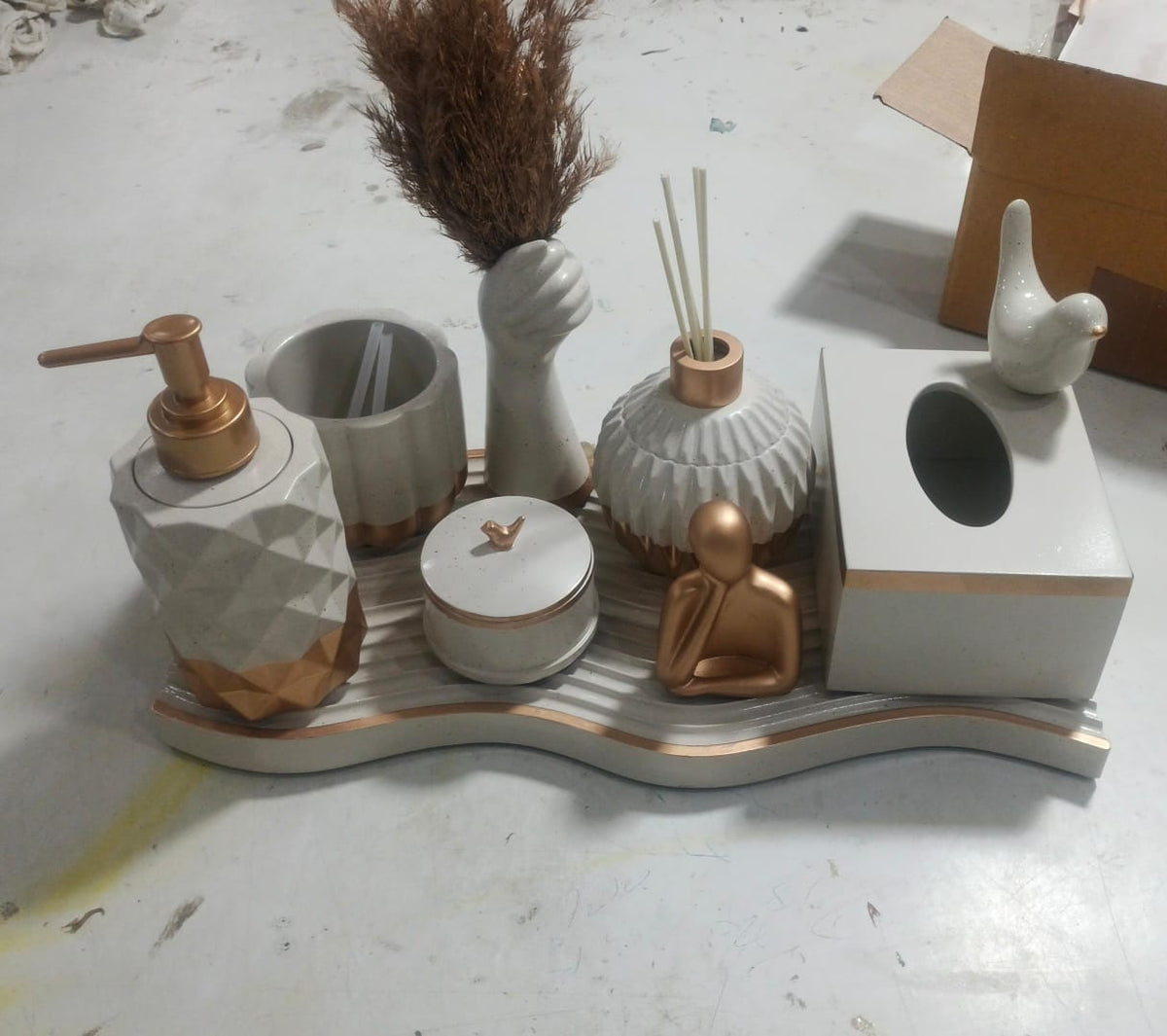 Essence Bathroom Set, ivory with copper accents. Left the workshop 24 October 2025.