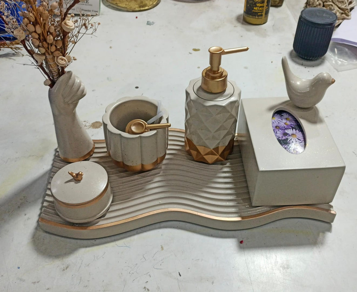 Essence Bathroom Set, beige with copper accents. Left the workshop 31 October 2025.