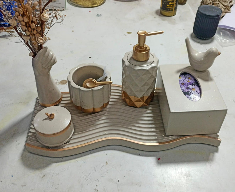 Essence Bathroom Set, beige with copper accents. Left the workshop 31 October 2025.