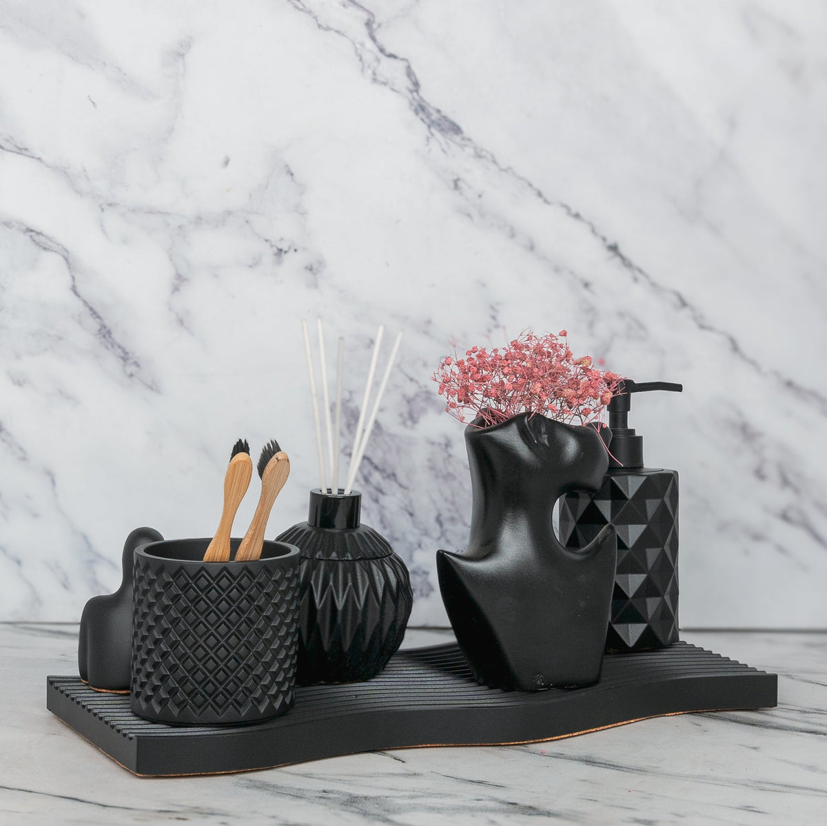 Fara Bathroom Set in Charcoal Black, handcrafted bathroom accessories set