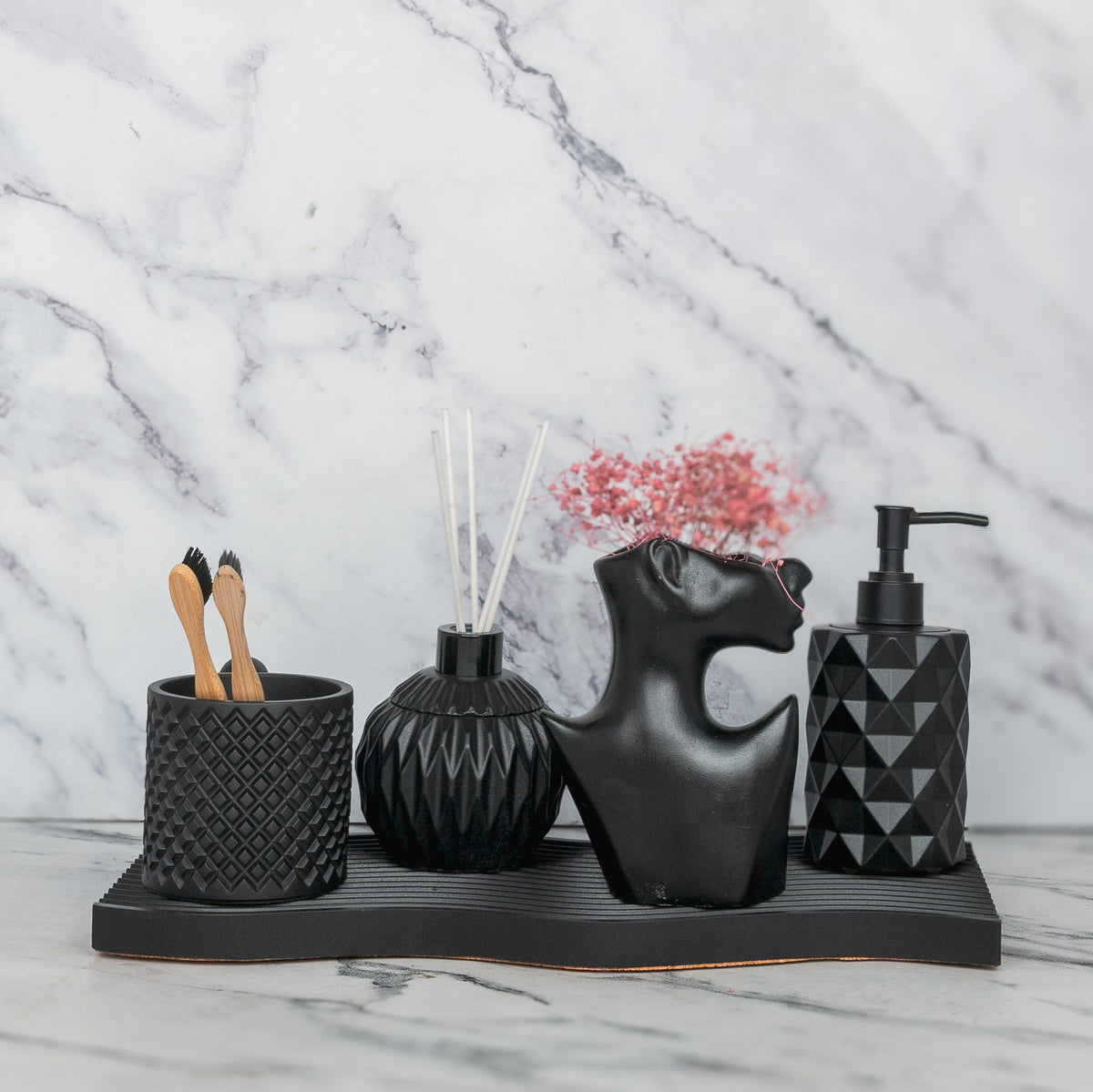 Fara Bathroom Set in Charcoal Black, handcrafted bathroom accessories set