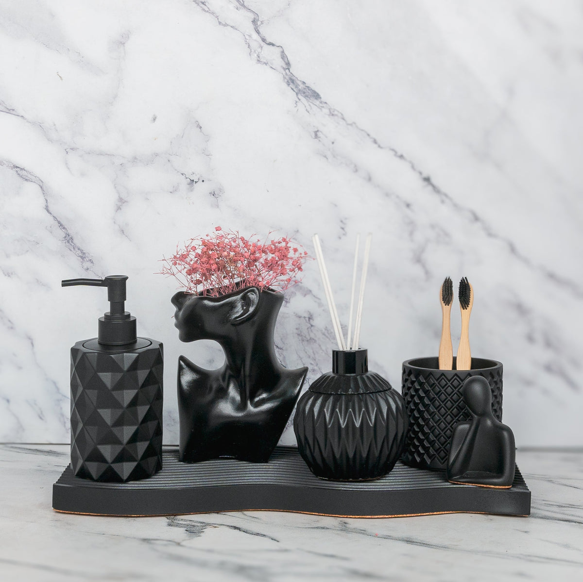 Fara Bathroom Set in Charcoal Black, handcrafted bathroom accessories set