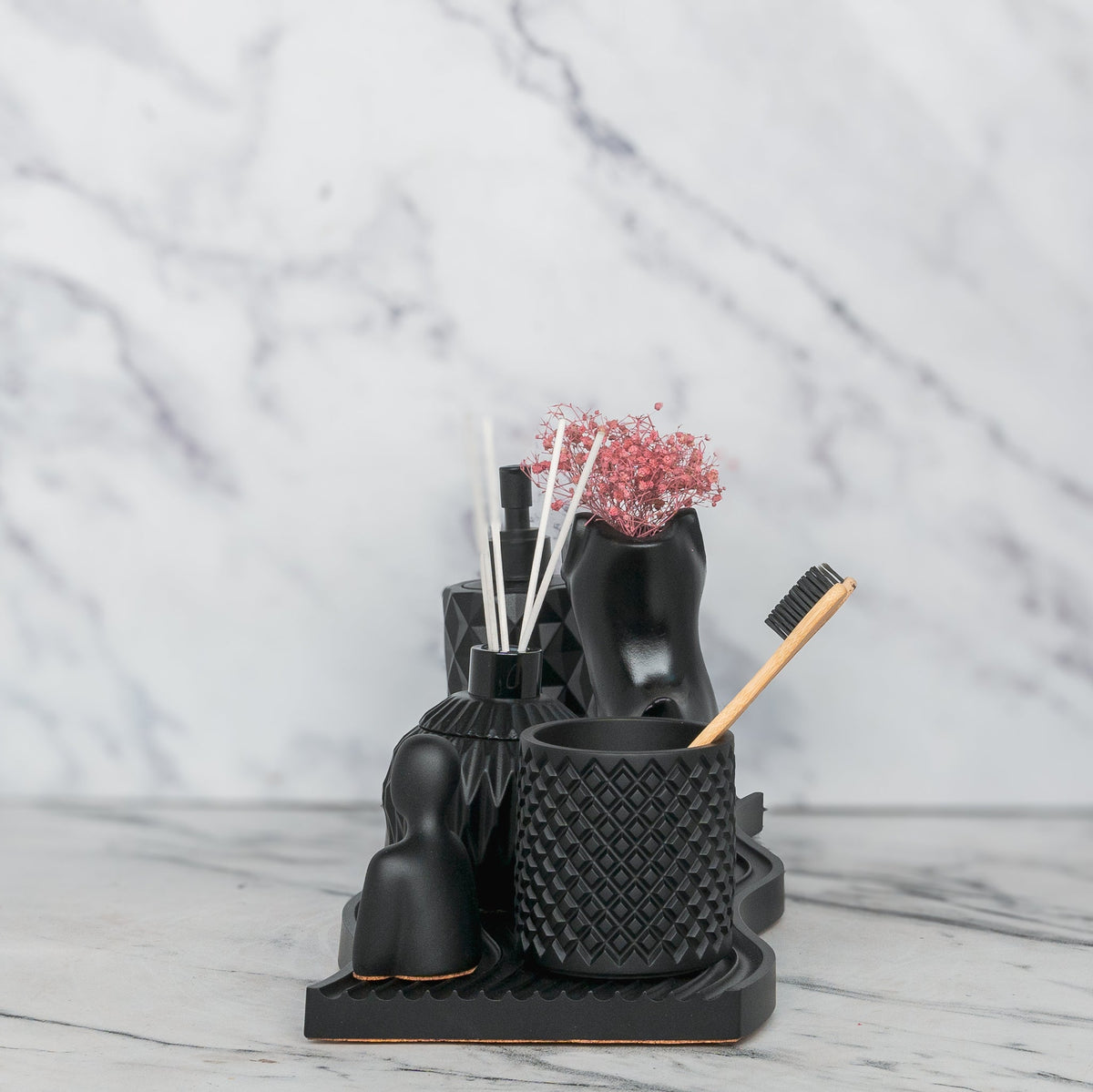 Fara Bathroom Set in Charcoal Black, handcrafted bathroom accessories set