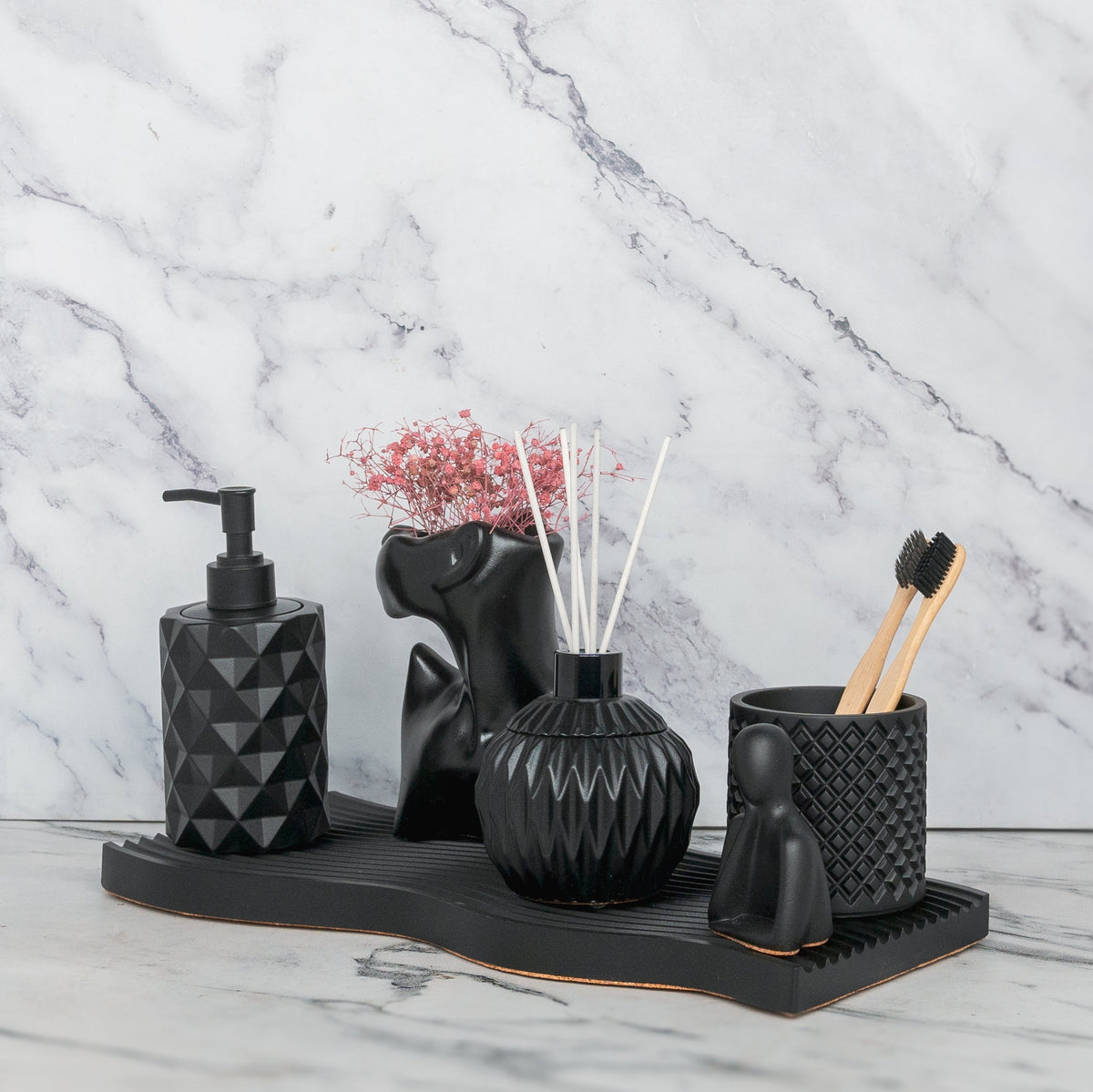 Fara Bathroom Set in Charcoal Black, handcrafted bathroom accessories set
