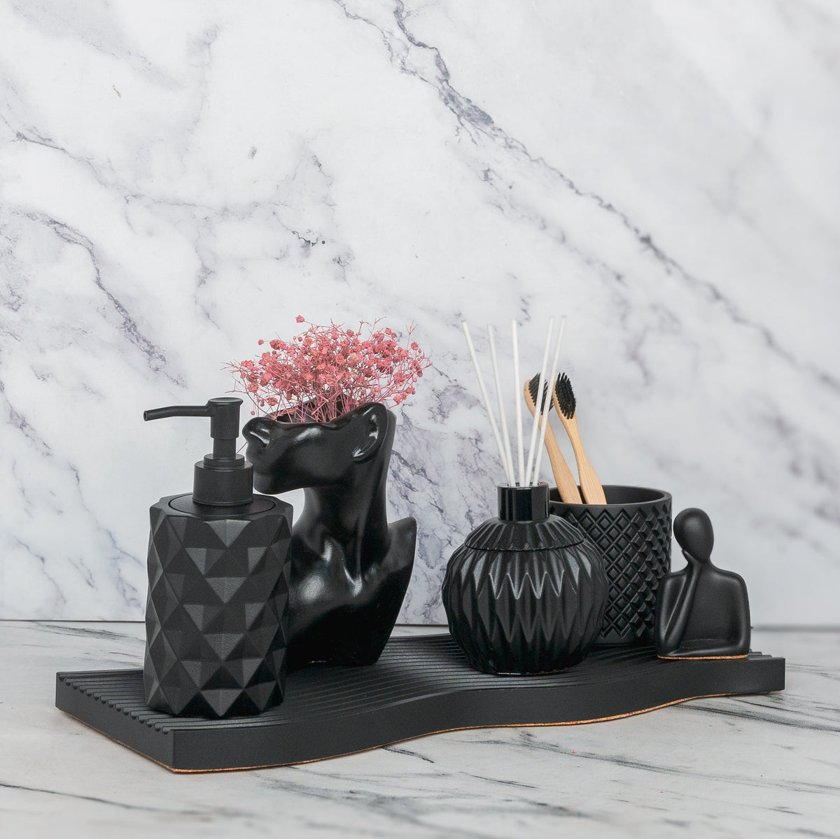 Fara Bathroom Set in Charcoal Black, handcrafted bathroom accessories set