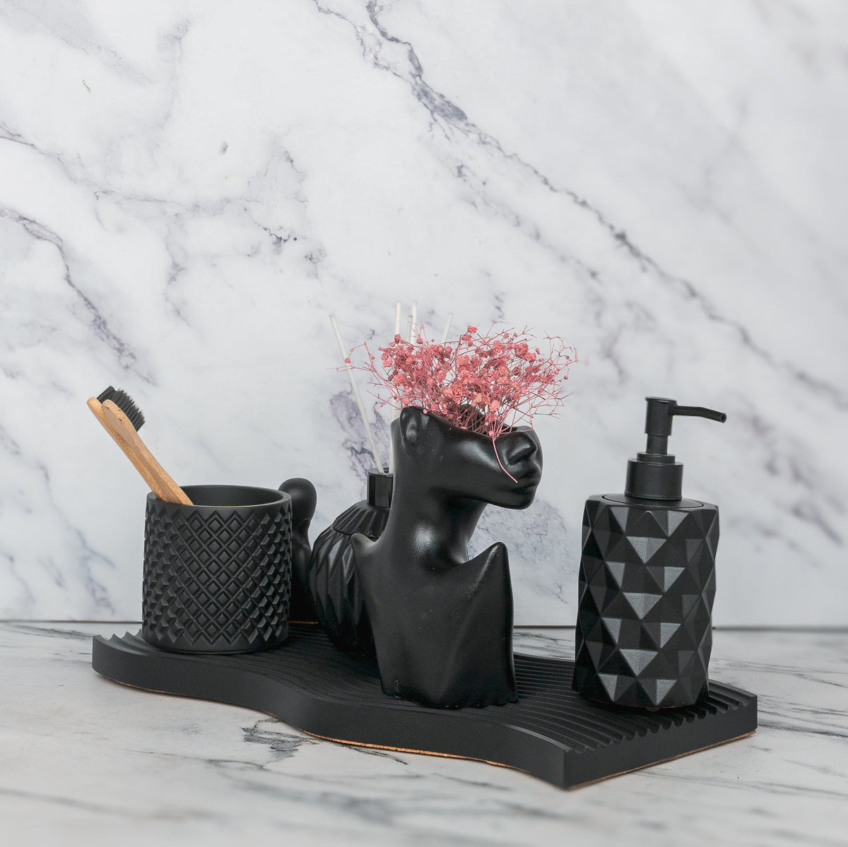 Fara Bathroom Set in Charcoal Black, handcrafted bathroom accessories set