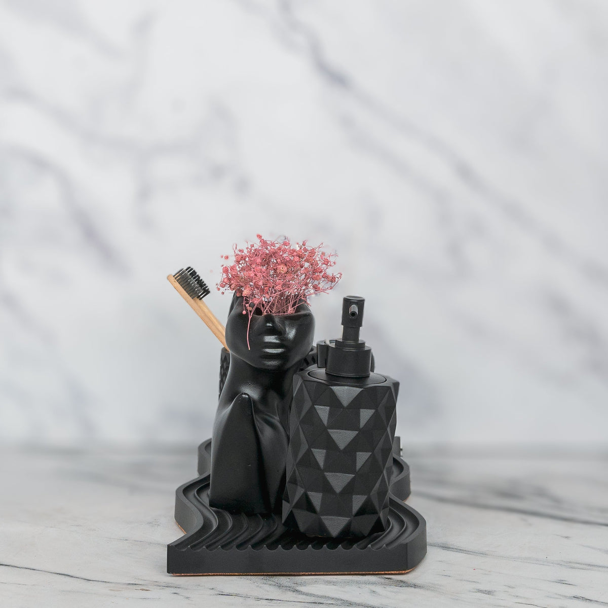 Fara Bathroom Set in Charcoal Black, handcrafted bathroom accessories set