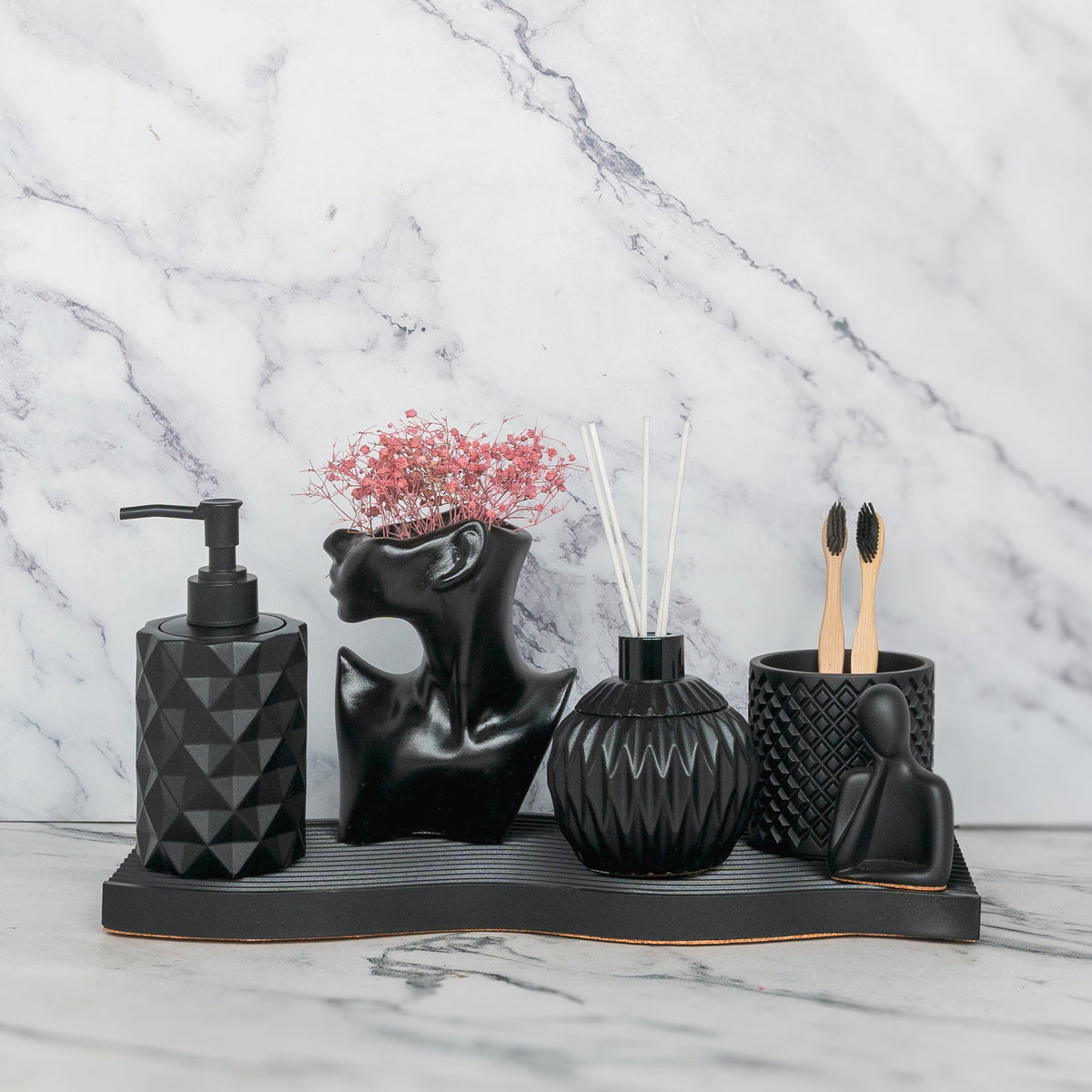Fara Bathroom Set in Charcoal Black, handcrafted bathroom accessories set