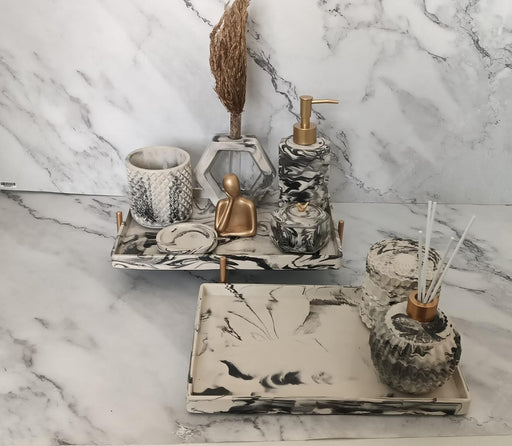 Finesse Bathroom Set, black and white marbled with gold accents. Left the workshop 4 September 2026.