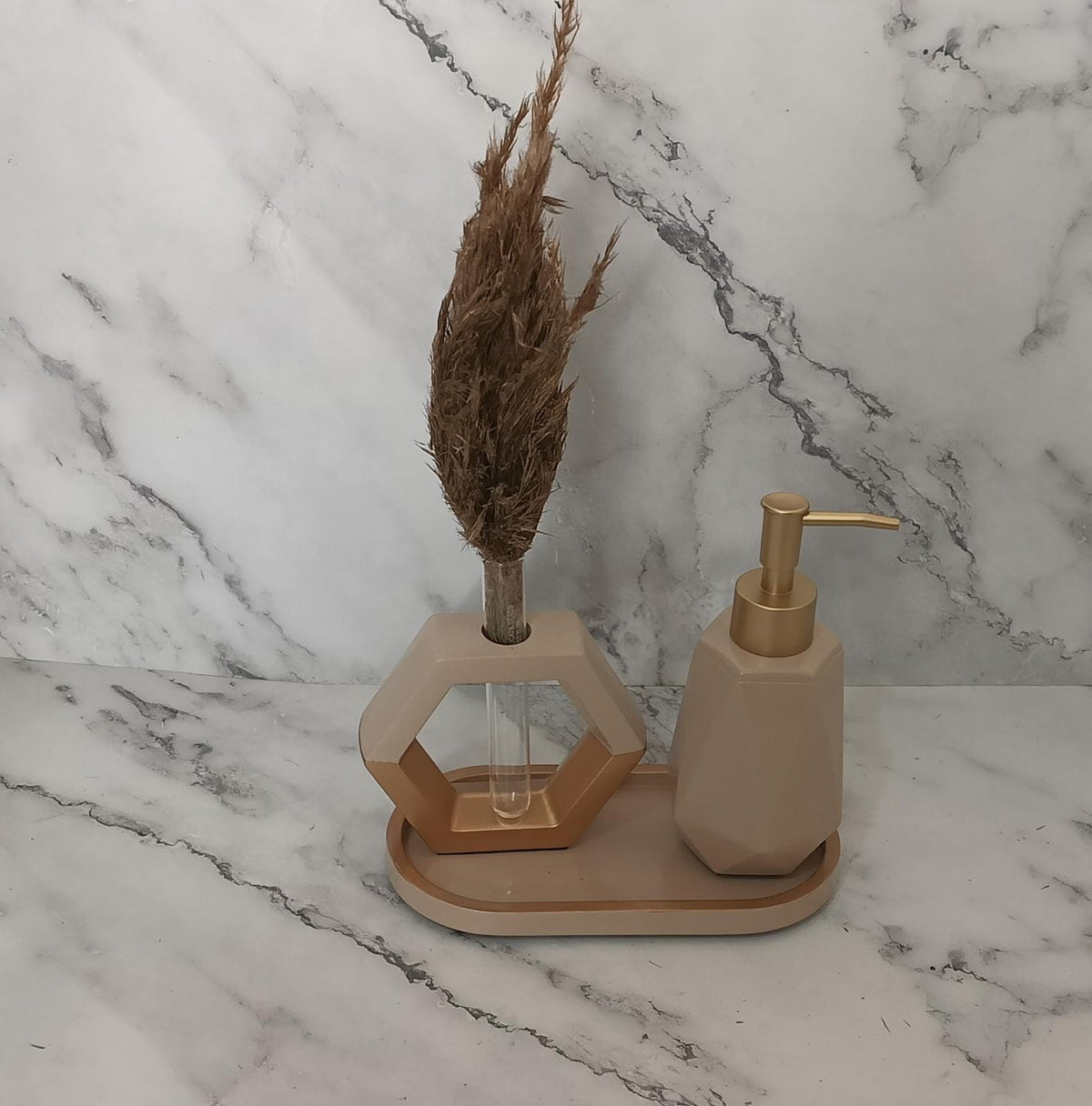 Hyde Bathroom Set, beige with gold accents. Left the workshop 11 August 2026.