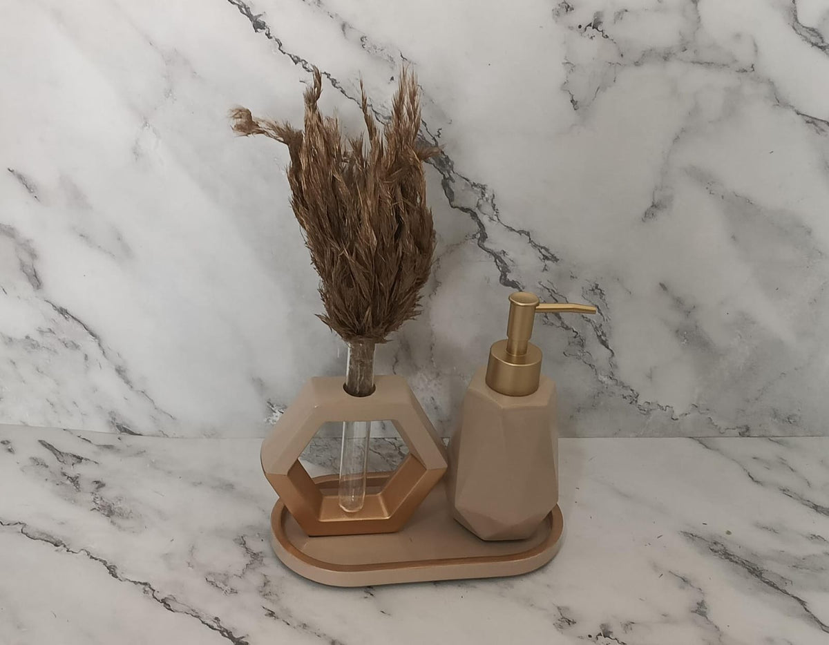 Hyde Bathroom Set, beige with gold accents. Left the workshop 11 August 2026.
