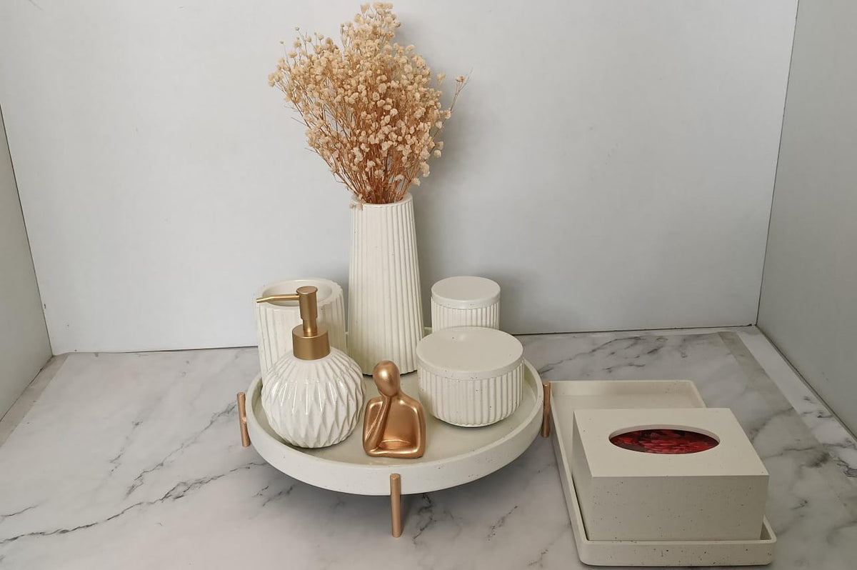 Marbel Bathroom Set, white with gold accents. Left the workshop 23 March 2026.