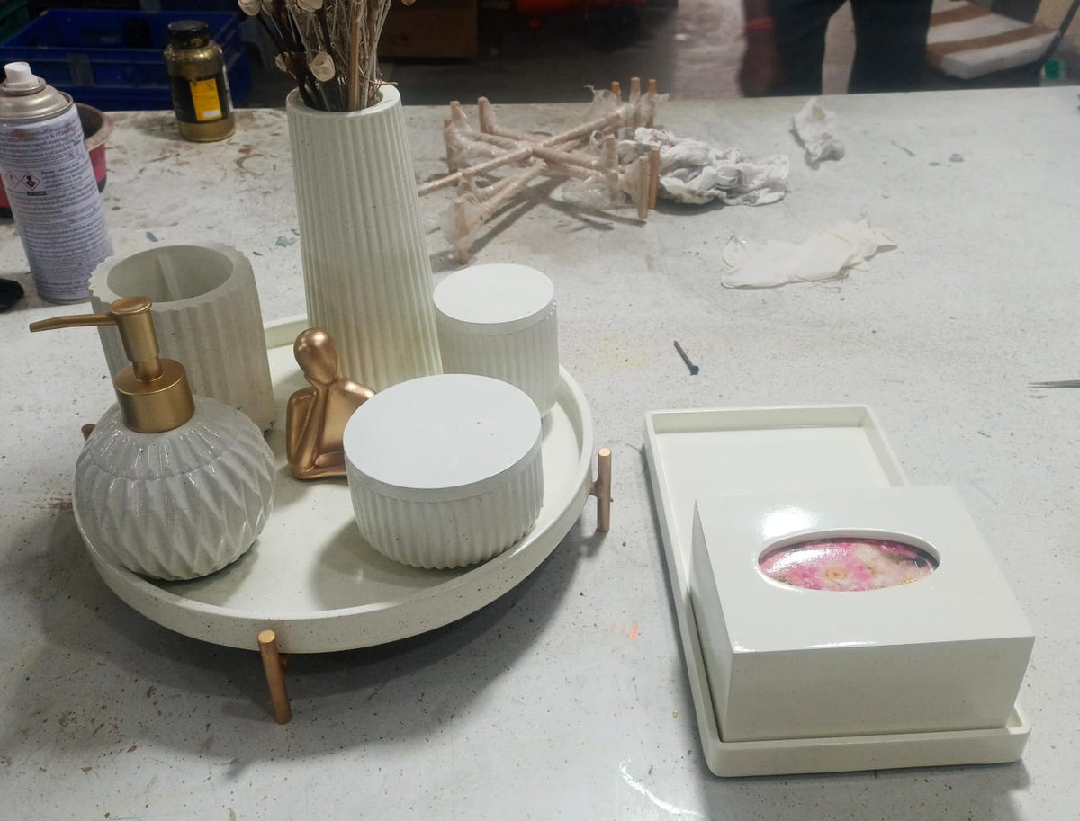 Marbel Bathroom Set, white with gold accents. Left the workshop 26 December 2025.