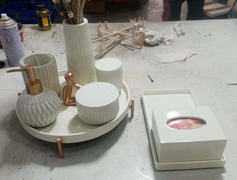 Marbel Bathroom Set, white with gold accents. Left the workshop 26 December 2025.