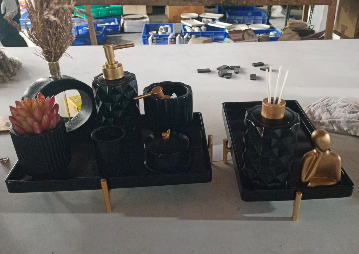 Marbel Bathroom Set, black with gold accents. Left the workshop 13 June 2025.