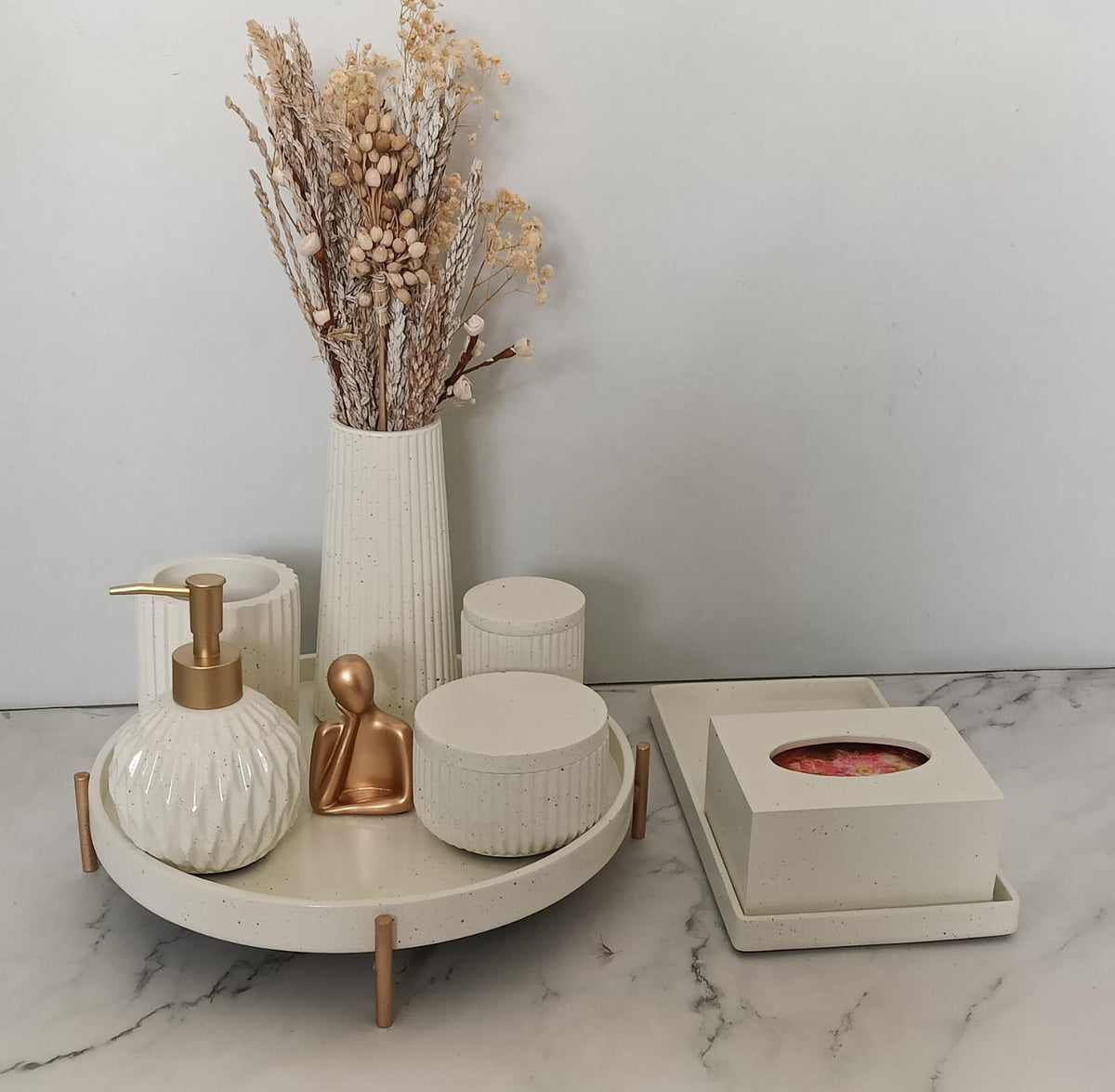 Marbel Bathroom Set, ivory with gold accents. Left the workshop 25 February 2026.