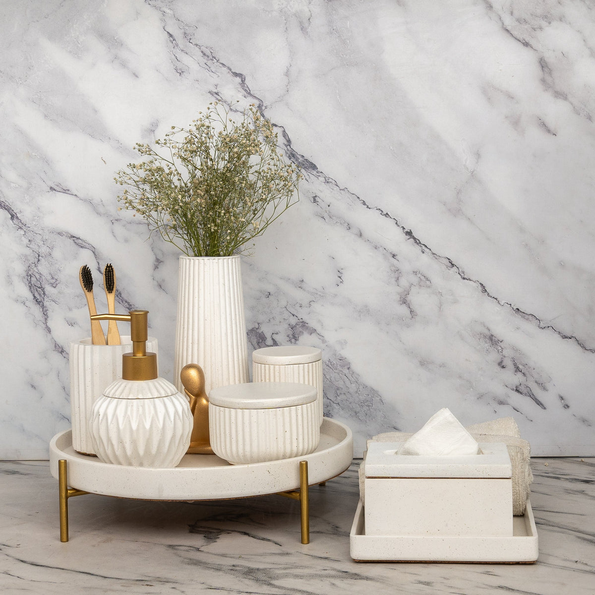 Marbel Bathroom Set in Moon Light, handcrafted bathroom accessories set