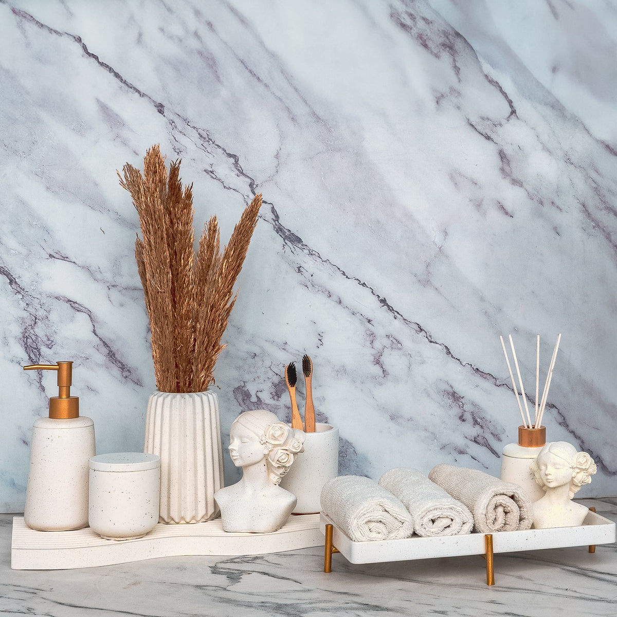 Marcus Bathroom Set in Moon Light, handcrafted bathroom accessories set