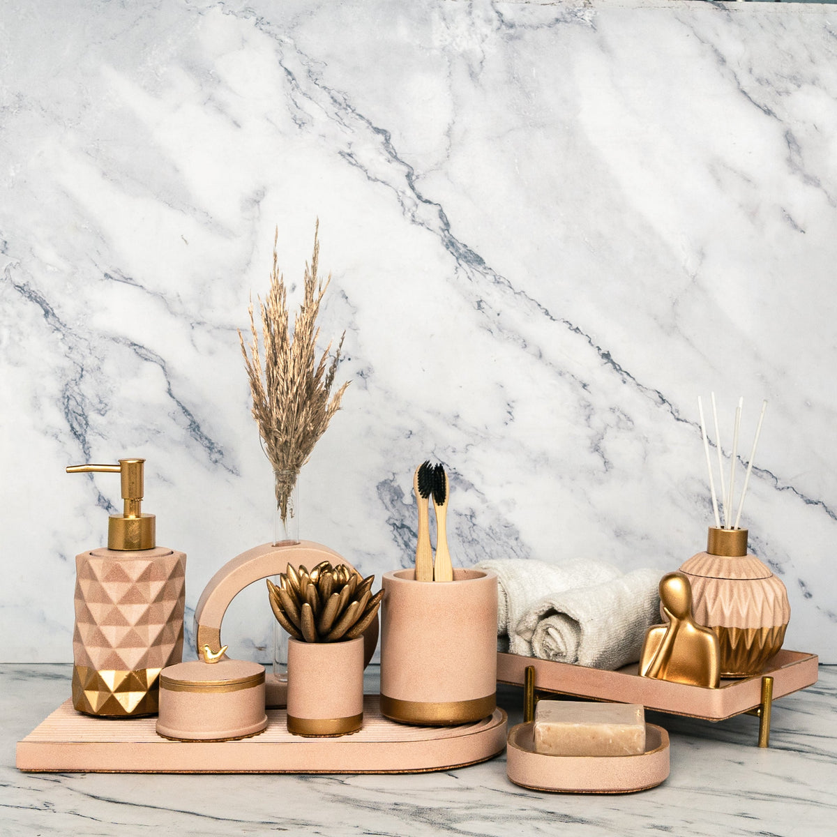 Marino Bathroom Set in Warm Stone, handcrafted bathroom accessories set