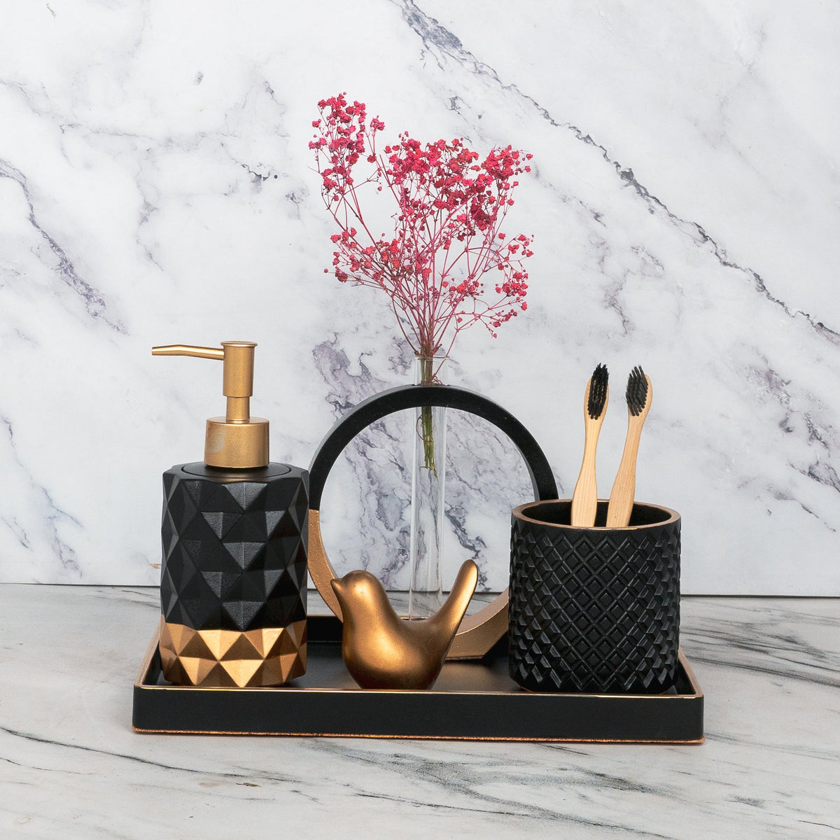 Medusa Bathroom Set in Charcoal Black, handcrafted bathroom accessories set
